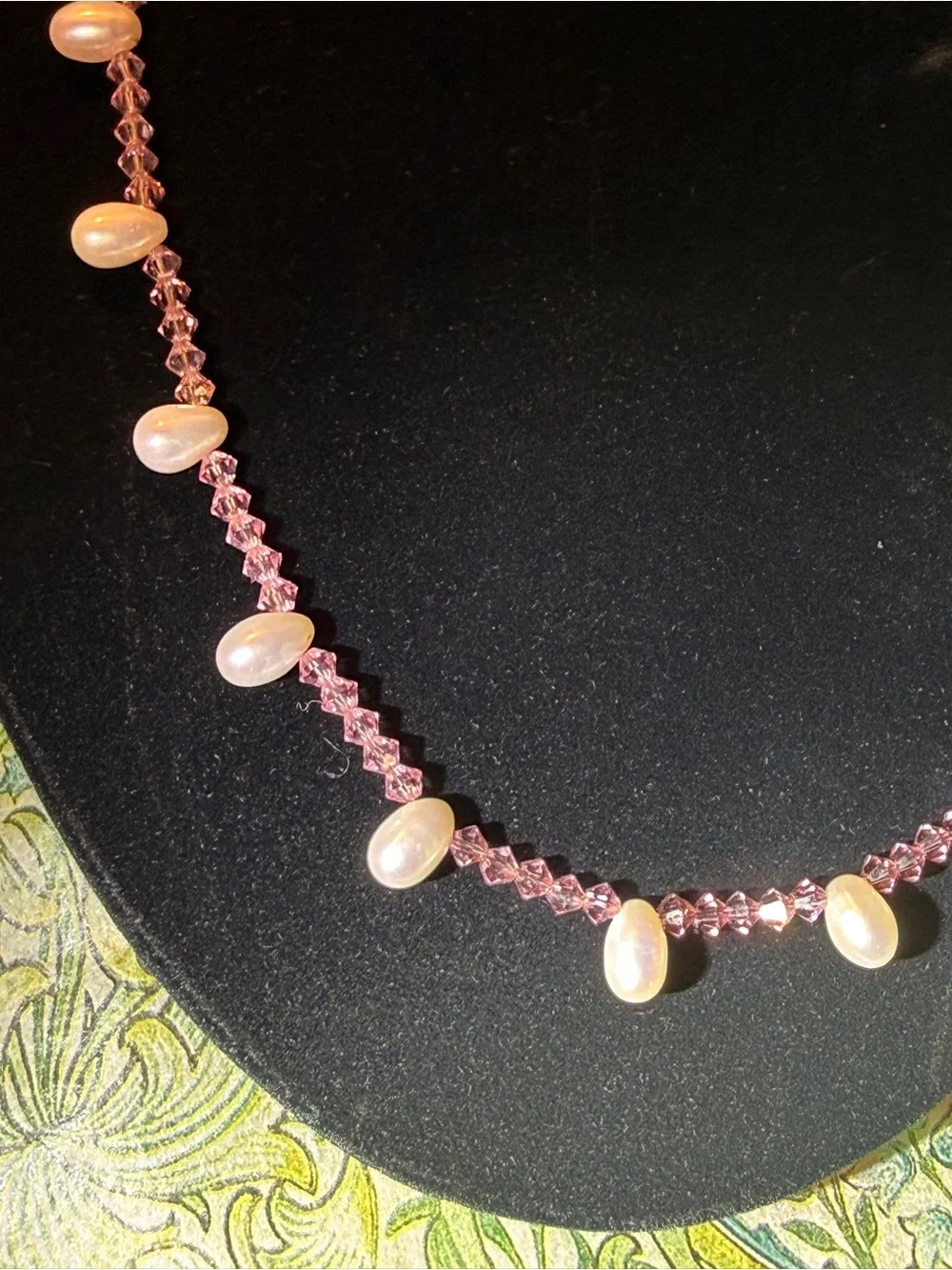 Swarovski & Pearls Set Artisan pale peach Crystal Necklace Earrings 14k GF 19.3”